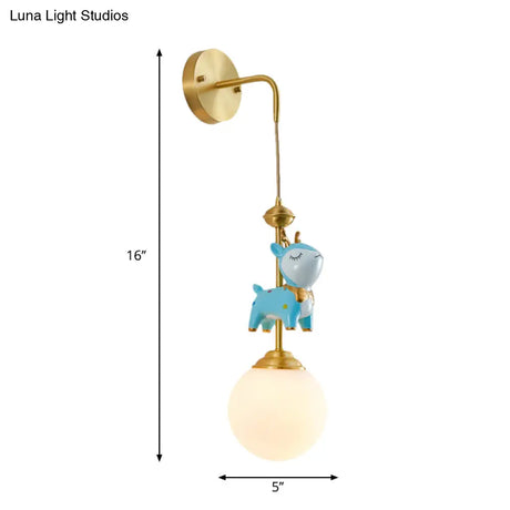 Cartoon Opal Glass Wall Light Fixture: Gold Lamp With Blue Deer Decor