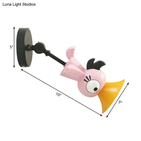 Cartoon Pink Bird Led Sconce: Metal Wall-Mounted Lamp For Girls Room