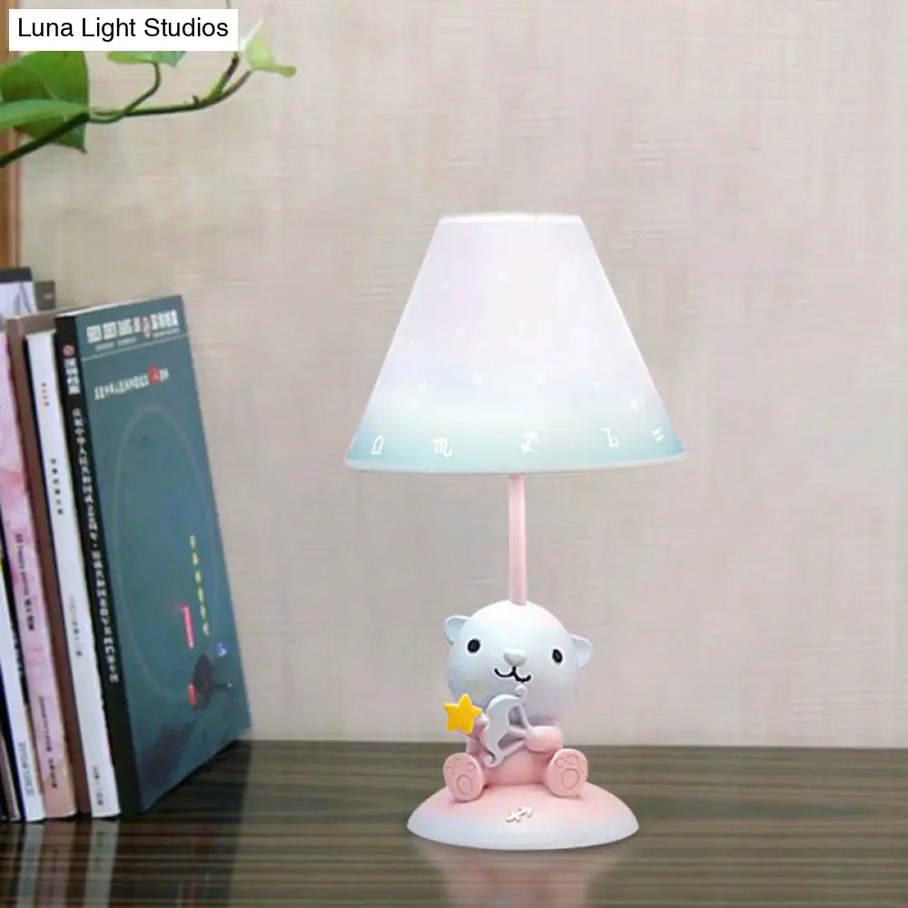 Cartoon Pink Constellation Night Table Light - Resin Lamp With Cone Fabric Shade