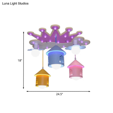 Cartoon Pink Crown Flush Mount Ceiling Lamp With Iron House Shade - Semi Wood Light 5 Lights