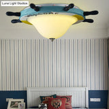 Cartoon Style Rudder Flush Ceiling Light - Led Metal Lamp For Children’s Room White/Blue With