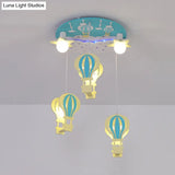 Cartoon Wooden Hot Air Balloon Semi Flush Ceiling Light With 5 Bulbs For Nursery