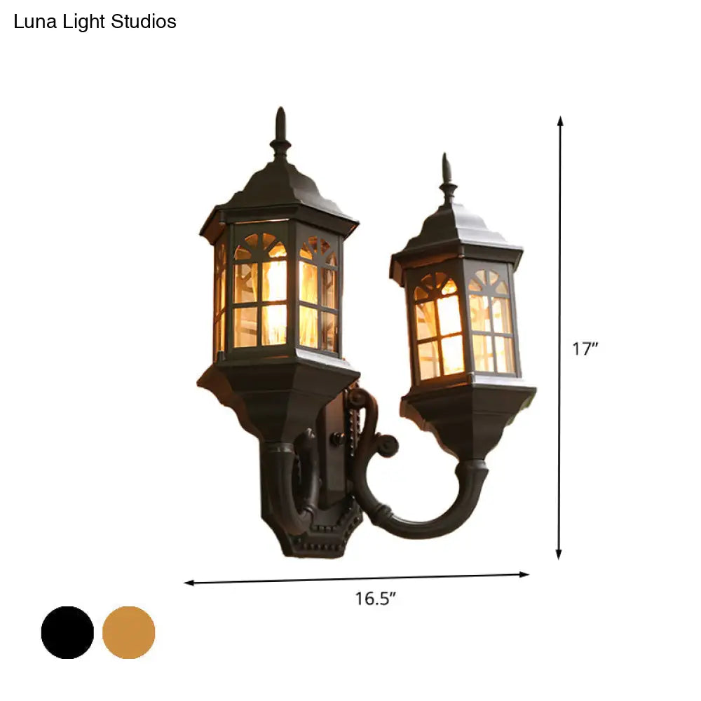 Castle Sconce Light Fixture - 2 Lights Aluminum Wall Mount Lamp In Black/Brass With Double Curved