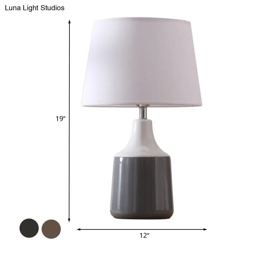 Ceramic 1-Light Bedside Table Lamp In Modern Tapered Drum Design Brown/White And Gray With Fabric
