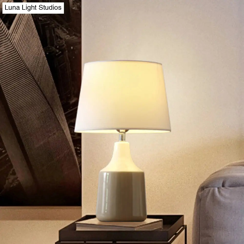 Ceramic 1-Light Bedside Table Lamp In Modern Tapered Drum Design Brown/White And Gray With Fabric