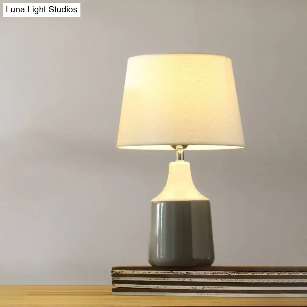 Ceramic 1-Light Bedside Table Lamp In Modern Tapered Drum Design Brown/White And Gray With Fabric