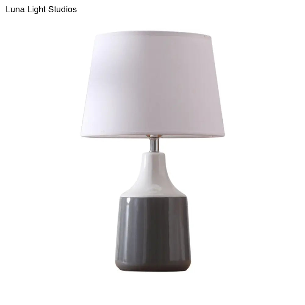 Ceramic 1-Light Bedside Table Lamp In Modern Tapered Drum Design Brown/White And Gray With Fabric