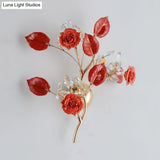 Ceramic And Crystal Branch Wall Lamp With 3 Bulbs Rose/Leaf Design In Black/White For Bedroom Sconce