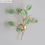 Ceramic And Crystal Branch Wall Lamp With 3 Bulbs Rose/Leaf Design In Black/White For Bedroom Sconce