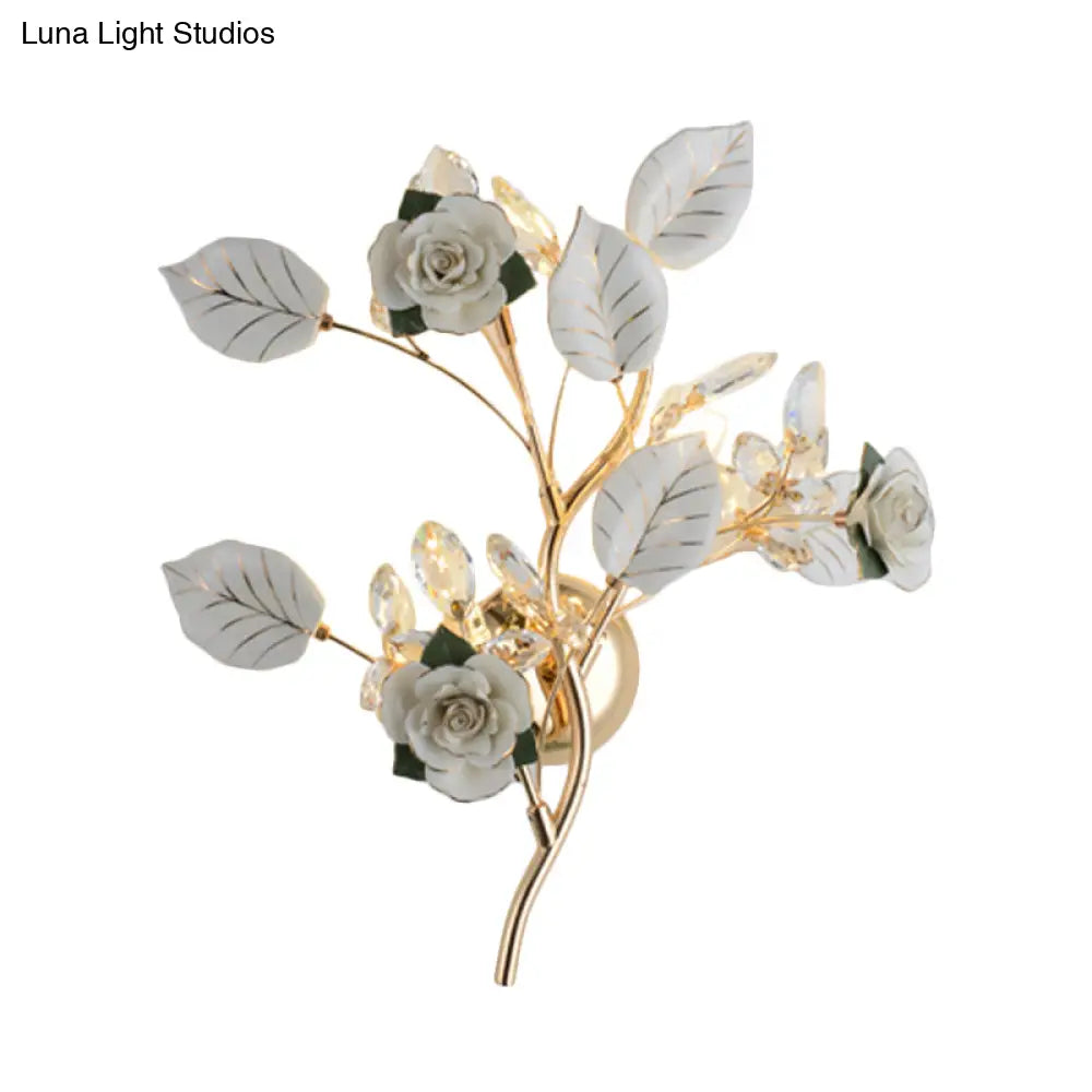 Ceramic And Crystal Branch Wall Lamp With 3 Bulbs Rose/Leaf Design In Black/White For Bedroom Sconce