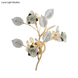 Ceramic And Crystal Branch Wall Lamp With 3 Bulbs Rose/Leaf Design In Black/White For Bedroom Sconce