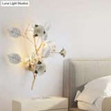 Ceramic And Crystal Branch Wall Lamp With 3 Bulbs Rose/Leaf Design In Black/White For Bedroom Sconce
