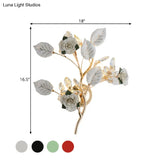 Ceramic And Crystal Branch Wall Lamp With 3 Bulbs Rose/Leaf Design In Black/White For Bedroom Sconce