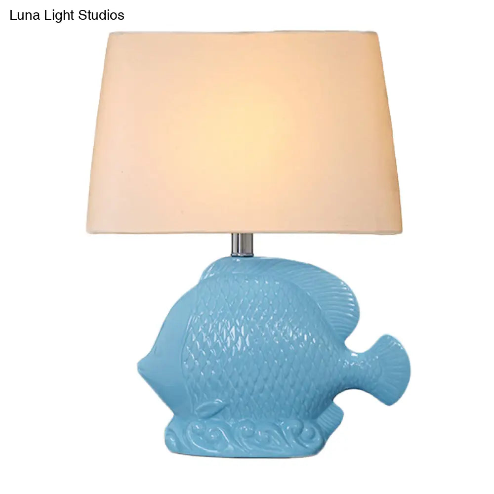 Ceramic Blue Tropical Fish Single-Bulb Table Lamp With Rectangle Fabric Lampshade