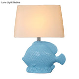Ceramic Blue Tropical Fish Single-Bulb Table Lamp With Rectangle Fabric Lampshade