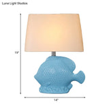 Ceramic Blue Tropical Fish Single-Bulb Table Lamp With Rectangle Fabric Lampshade