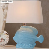 Ceramic Blue Tropical Fish Single-Bulb Table Lamp With Rectangle Fabric Lampshade