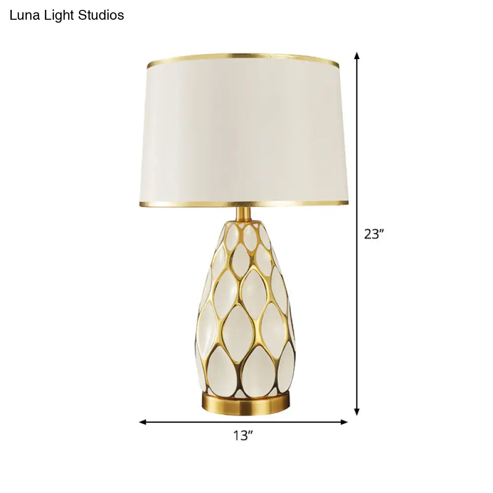 Ceramic Drum Table Lamp: Modern White Night Light For Living Room With Fabric Shade