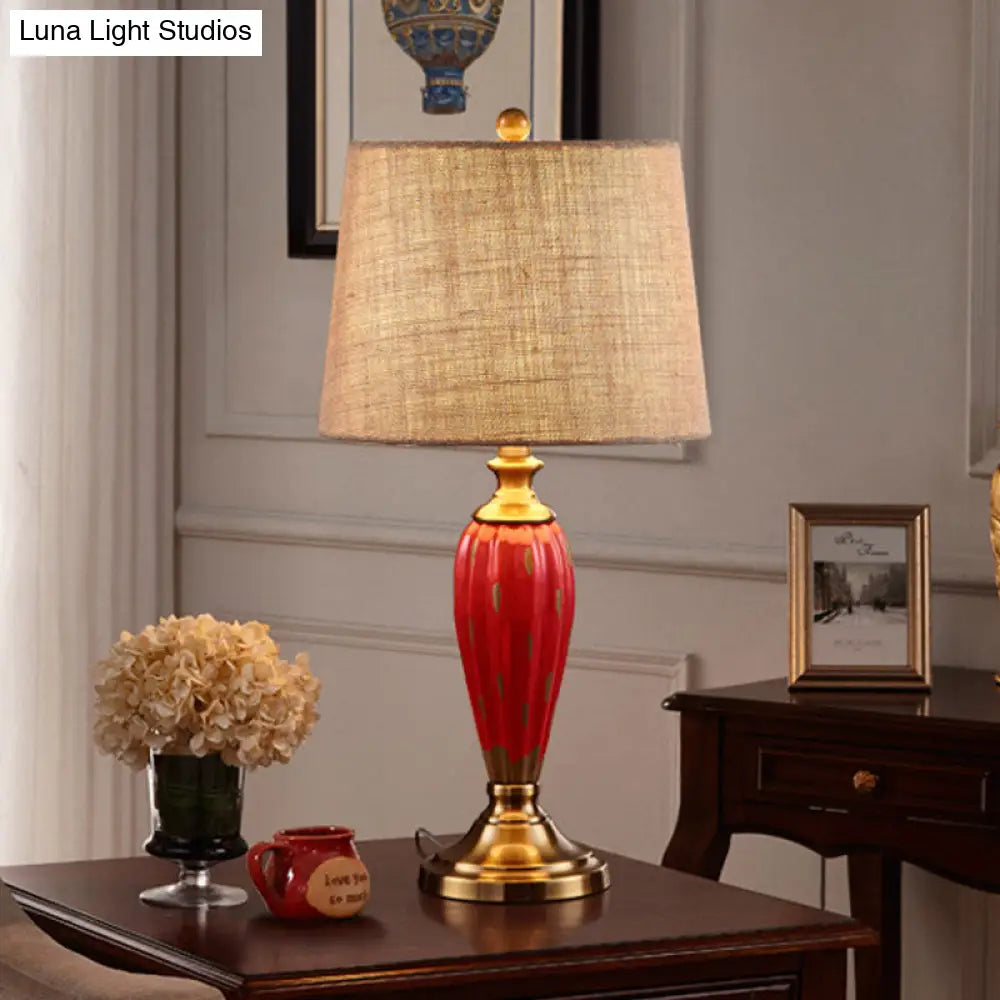Ceramic Nightstand Lamp: Country Red/Blue Urn Shape With Fabric Drum Shade