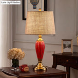 Ceramic Nightstand Lamp: Country Red/Blue Urn Shape With Fabric Drum Shade