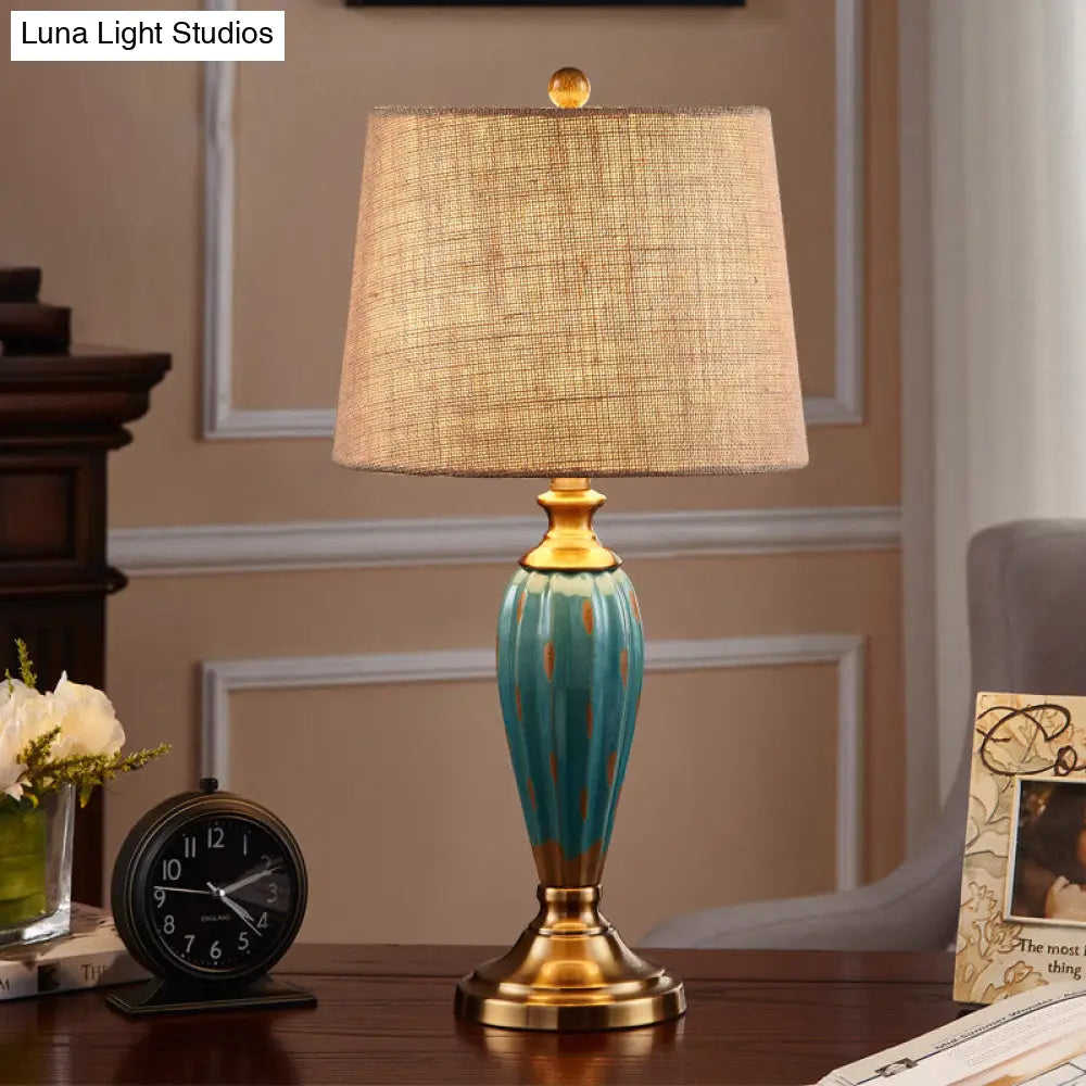Ceramic Nightstand Lamp: Country Red/Blue Urn Shape With Fabric Drum Shade