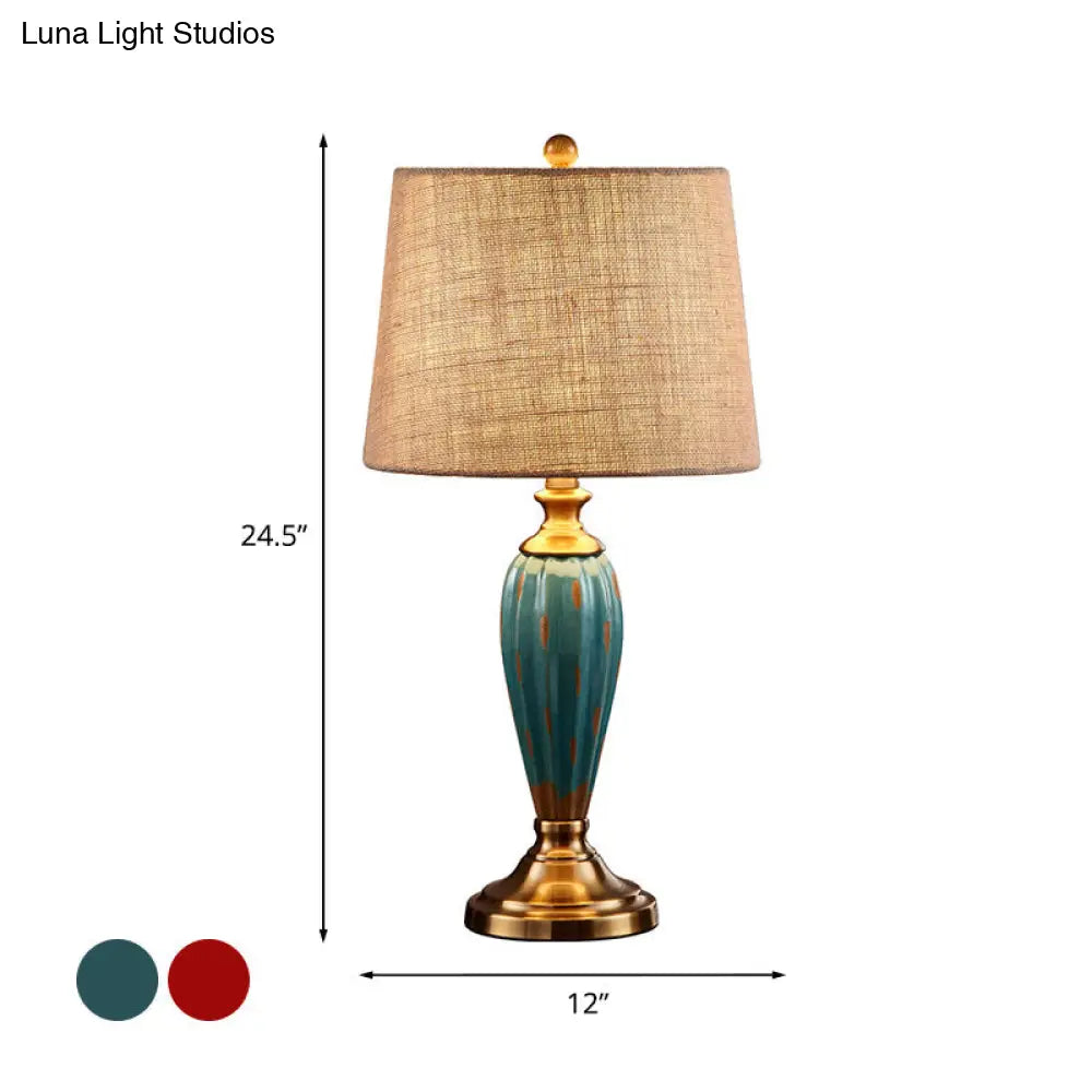 Ceramic Nightstand Lamp: Country Red/Blue Urn Shape With Fabric Drum Shade