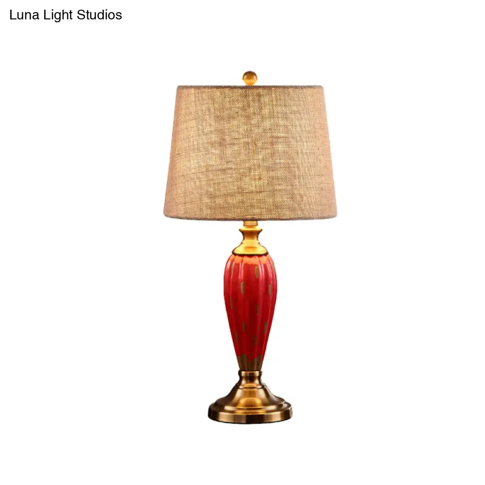 Ceramic Nightstand Lamp: Country Red/Blue Urn Shape With Fabric Drum Shade