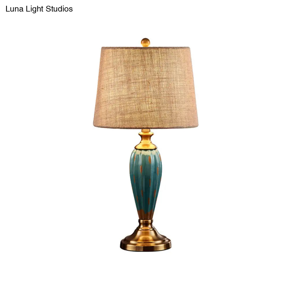 Ceramic Nightstand Lamp: Country Red/Blue Urn Shape With Fabric Drum Shade