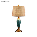 Ceramic Nightstand Lamp: Country Red/Blue Urn Shape With Fabric Drum Shade