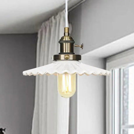 Ceramic Scalloped Edge Industrial Pendant Light With Single Bulb For Dining Rooms In Black Bronze