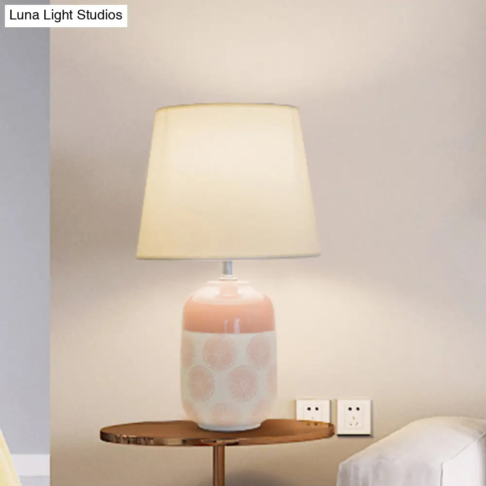 Ceramic Tapered Table Lamp - Minimalist Design In White/Pink Finish With Fabric Shade Ideal Night