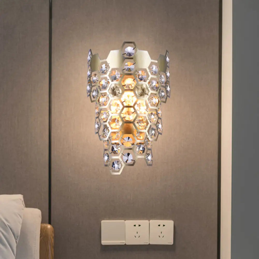 Champagne Hexagon-Crystal Wall Sconce With 3 Tapered Bulbs - Contemporary Flush Mount Light