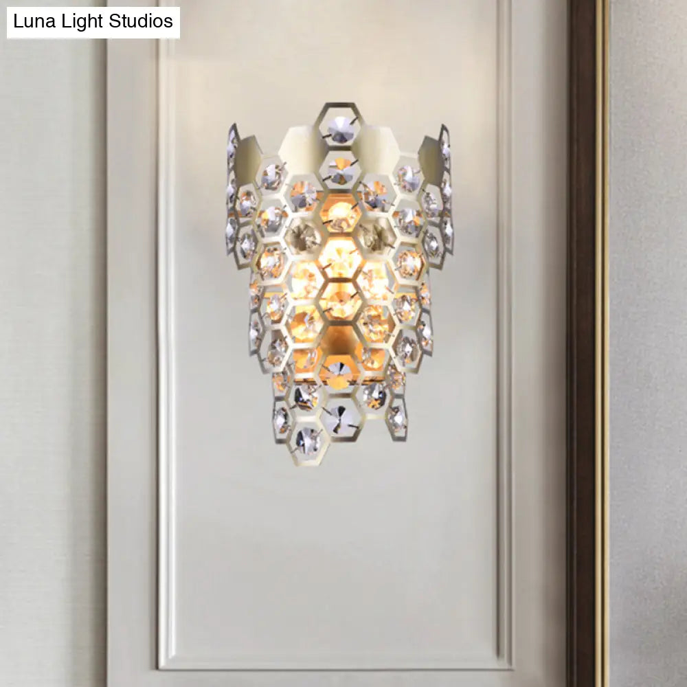 Champagne Hexagon-Crystal Wall Sconce With 3 Tapered Bulbs - Contemporary Flush Mount Light