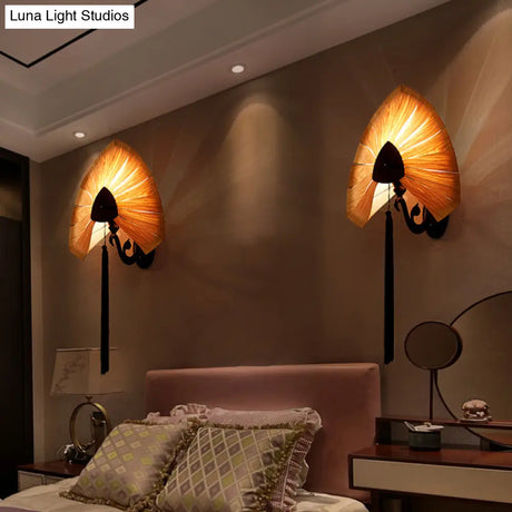 Cherry Wood Sconce Light: East Asian 1-Light Beige Wall Mount Lamp With Black Tassel Fringe