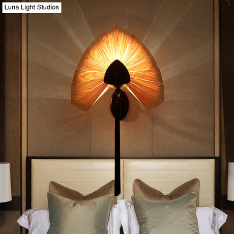 Cherry Wood Sconce Light: East Asian 1-Light Beige Wall Mount Lamp With Black Tassel Fringe