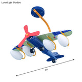 Child Bedroom Cartoon Metal Chandelier - Blue Propeller Plane Design With 4 Bulbs Hanging Lighting