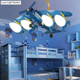 Child Bedroom Cartoon Metal Chandelier - Blue Propeller Plane Design With 4 Bulbs Hanging Lighting