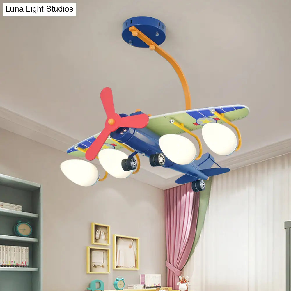 Child Bedroom Cartoon Metal Chandelier - Blue Propeller Plane Design With 4 Bulbs Hanging Lighting