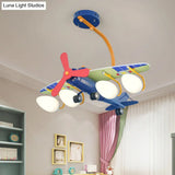Child Bedroom Cartoon Metal Chandelier - Blue Propeller Plane Design With 4 Bulbs Hanging Lighting