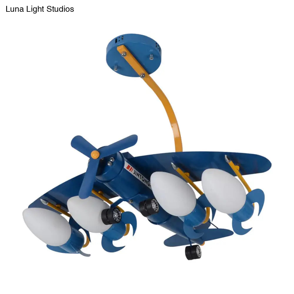 Child Bedroom Cartoon Metal Chandelier - Blue Propeller Plane Design With 4 Bulbs Hanging Lighting