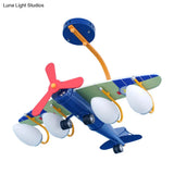 Child Bedroom Cartoon Metal Chandelier - Blue Propeller Plane Design With 4 Bulbs Hanging Lighting