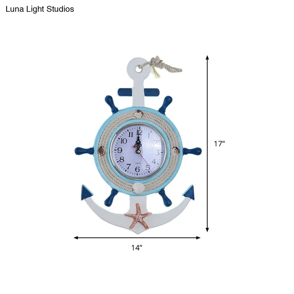 Child Bedroom Nautical Blue Anchor Rudder Wall Light With Clock - Stylish Wood Lamp