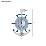 Child Bedroom Nautical Blue Anchor Rudder Wall Light With Clock - Stylish Wood Lamp