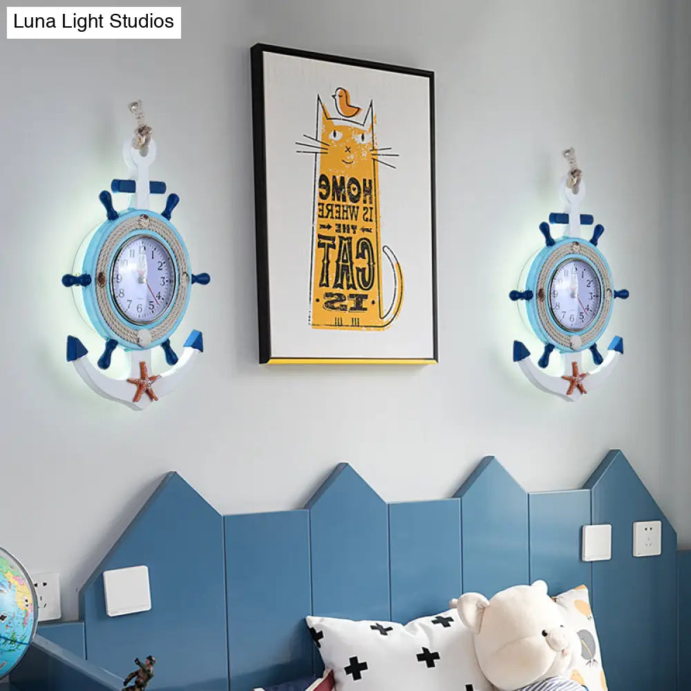 Child Bedroom Nautical Blue Anchor Rudder Wall Light With Clock - Stylish Wood Lamp