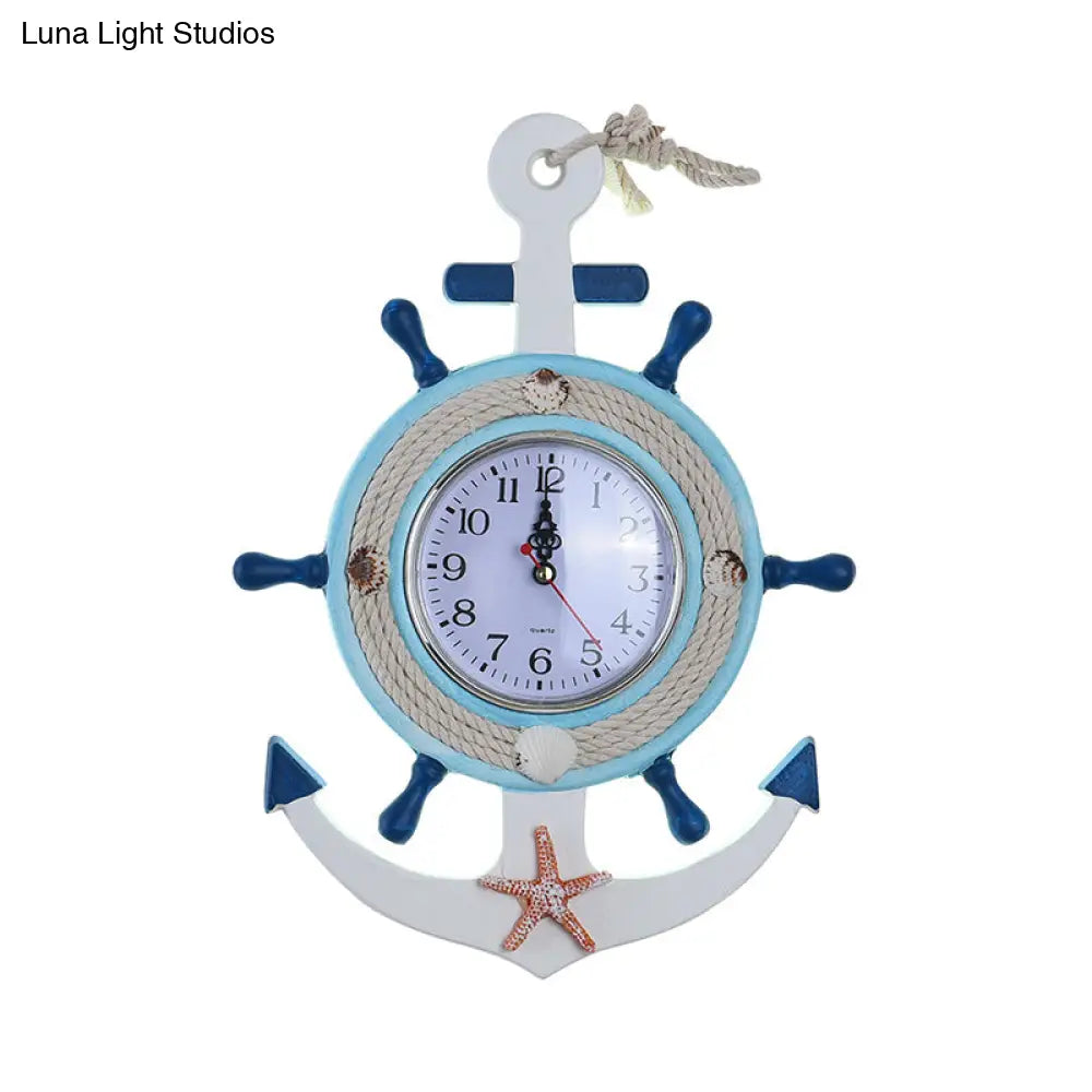 Child Bedroom Nautical Blue Anchor Rudder Wall Light With Clock - Stylish Wood Lamp