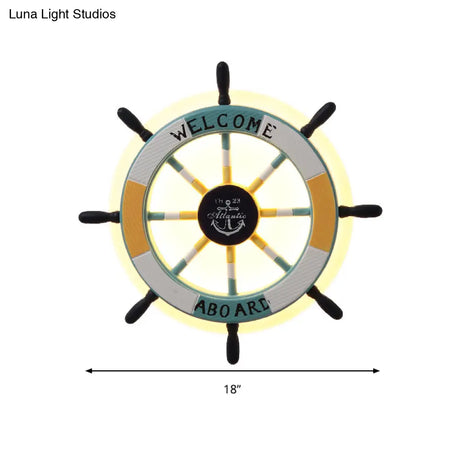 Child-Friendly Cartoon Rudder Wall Light - White Wood Led Sconce For Nurseries And Shops