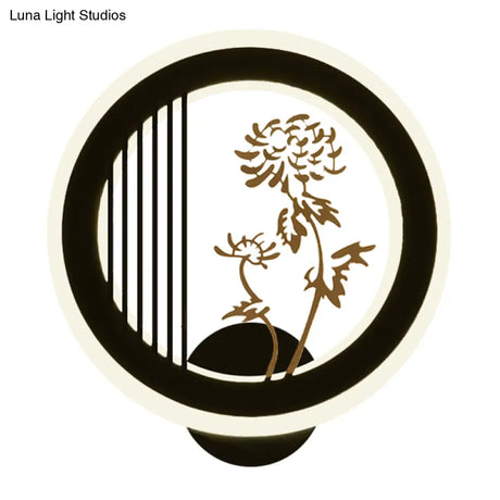 Chinese Acrylic Led Wall Light Fixture In Black For Living Room Décor With Chrysanths/Orchid Flower