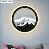 Chinese Acrylic Round Wall Light With Led-Illuminated Deer And Mountain Mural In Black White
