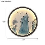 Chinese Aluminum Led Mural Lamp - Blue Mount Tai Drawing Circular Sconce Fixture