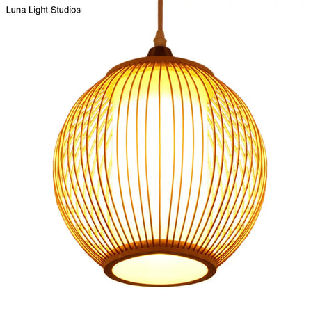 Chinese Bamboo Lantern Pendant Light With Beige Shade For Ceiling